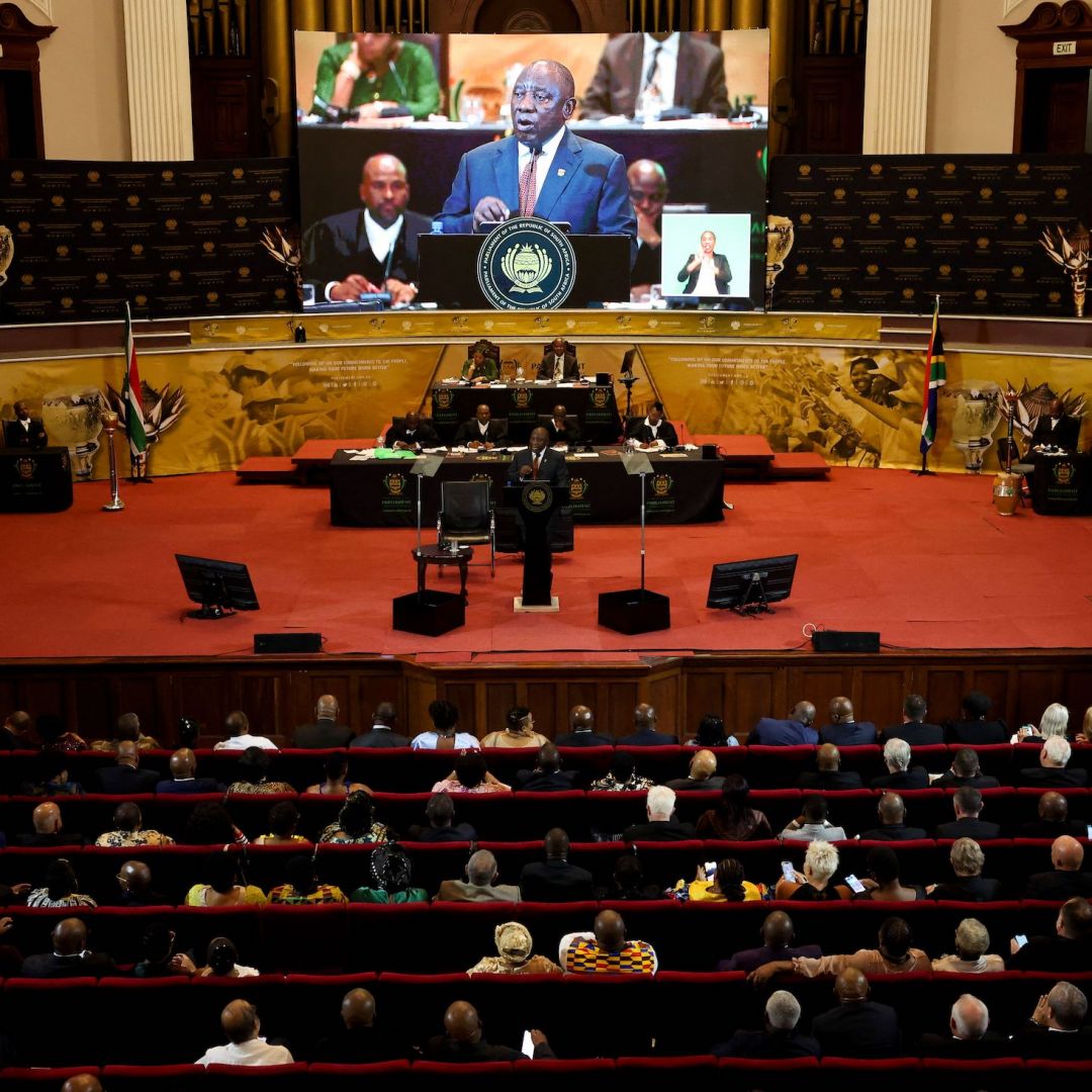 South African President Cyril Ramaphosa (center) delivers his 2023 state-of-the-nation address at the Cape Town City Hall on Feb. 9, 2023. 