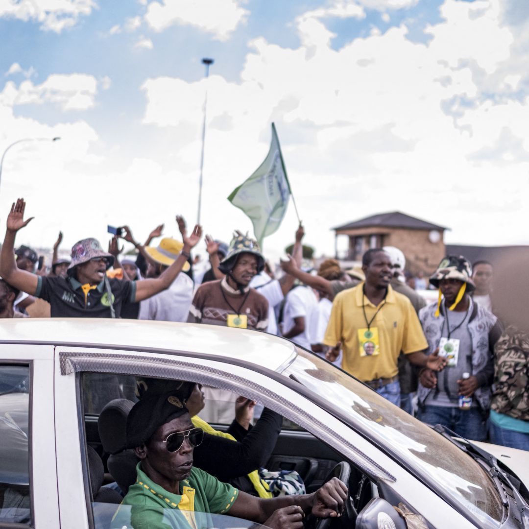 Supporters of former South African President Jacob Zuma sing and chant in Tembisa, South Africa, during a recruitment drive for Zuma's newly launched uMkhonto we Sizwe party on Jan. 21, 2024.