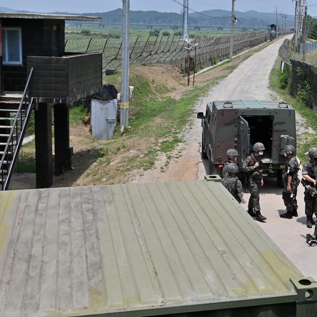 South Korean soldiers gather near a guard post in the border city of Paju, South Korea, on June 17, 2020.