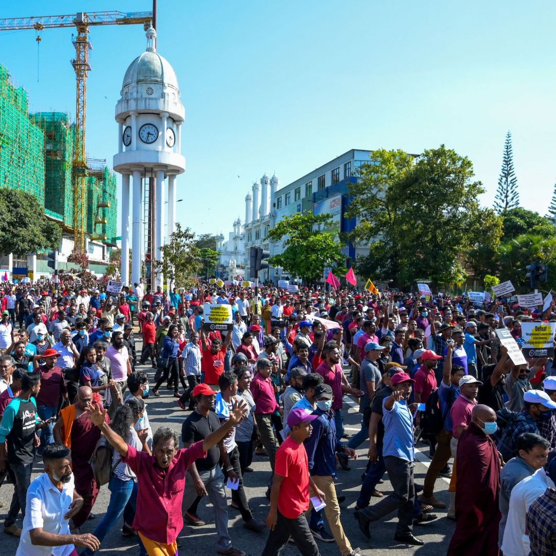 Supporters of the opposition National Peoples Power (NPP) take part in a protest in Colombo, Sri Lanka, to urge the government to hold local elections as scheduled on Feb. 26, 2023. 