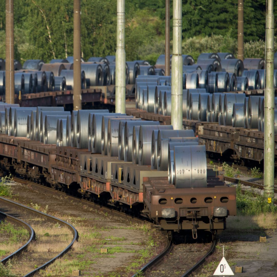 Rail cars loaded with steel sit at the ThyssenKrupp Schwelgern steel plant on May 30, 2018 in Duisburg, Germany. 