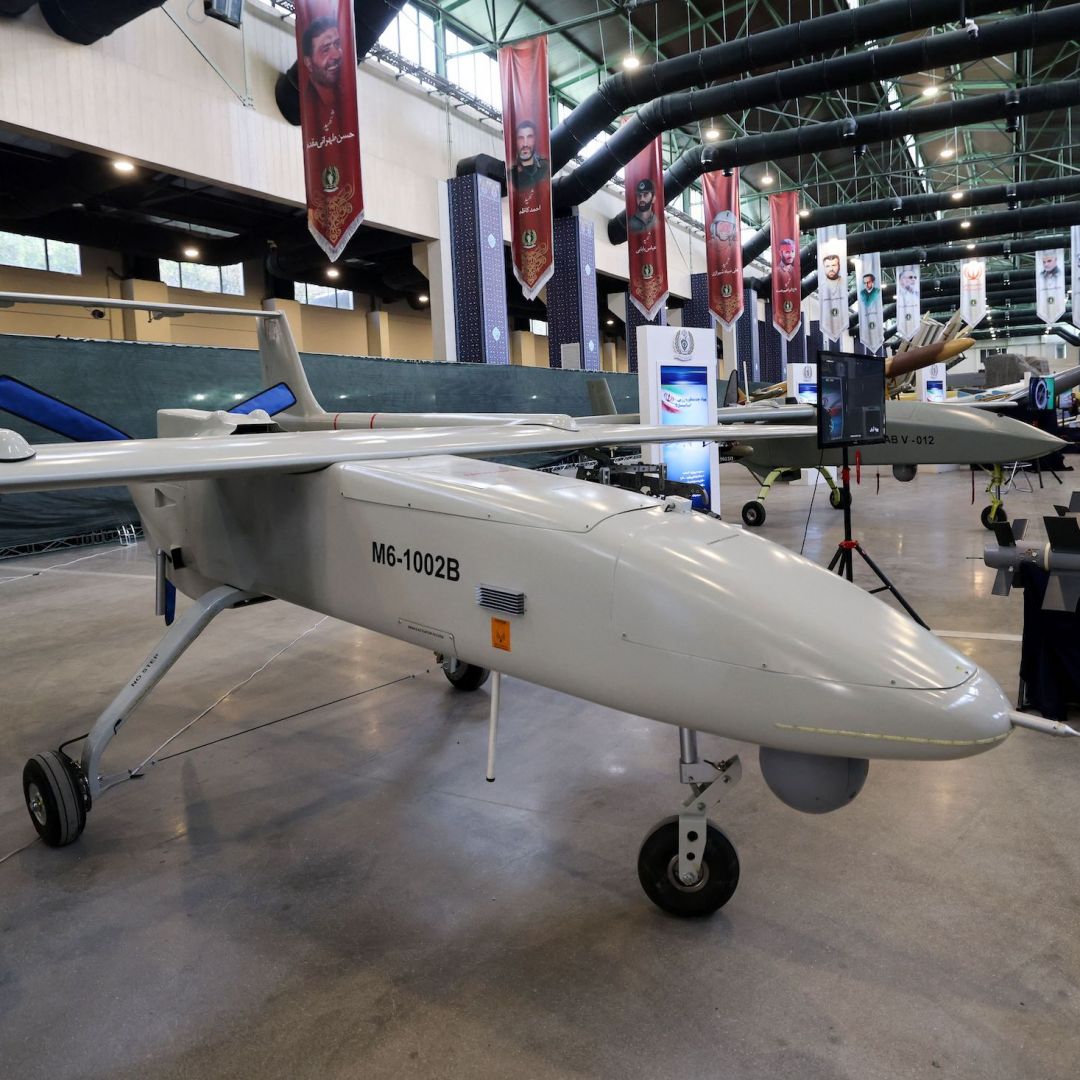 The Mohajer 6 drone is displayed on Aug. 23, 2023, in Tehran, Iran.