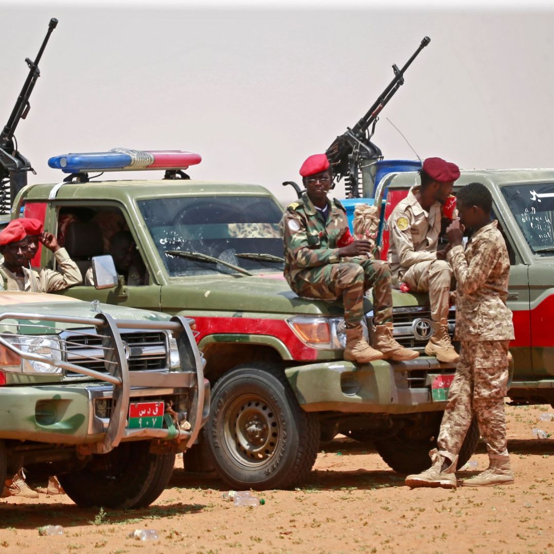 Members of Sudan's Rapid Support Forces (RSF) paramilitary group are seen in a desert area about 100 kilometers north of Khartoum on Sept. 25, 2019. 