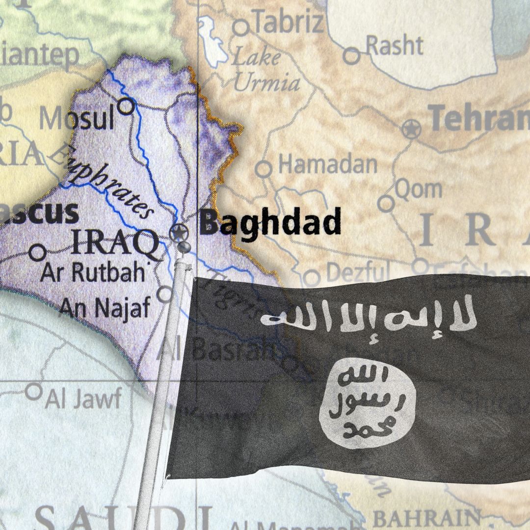 An image of the Islamic State flag overlays a map of Iraq.