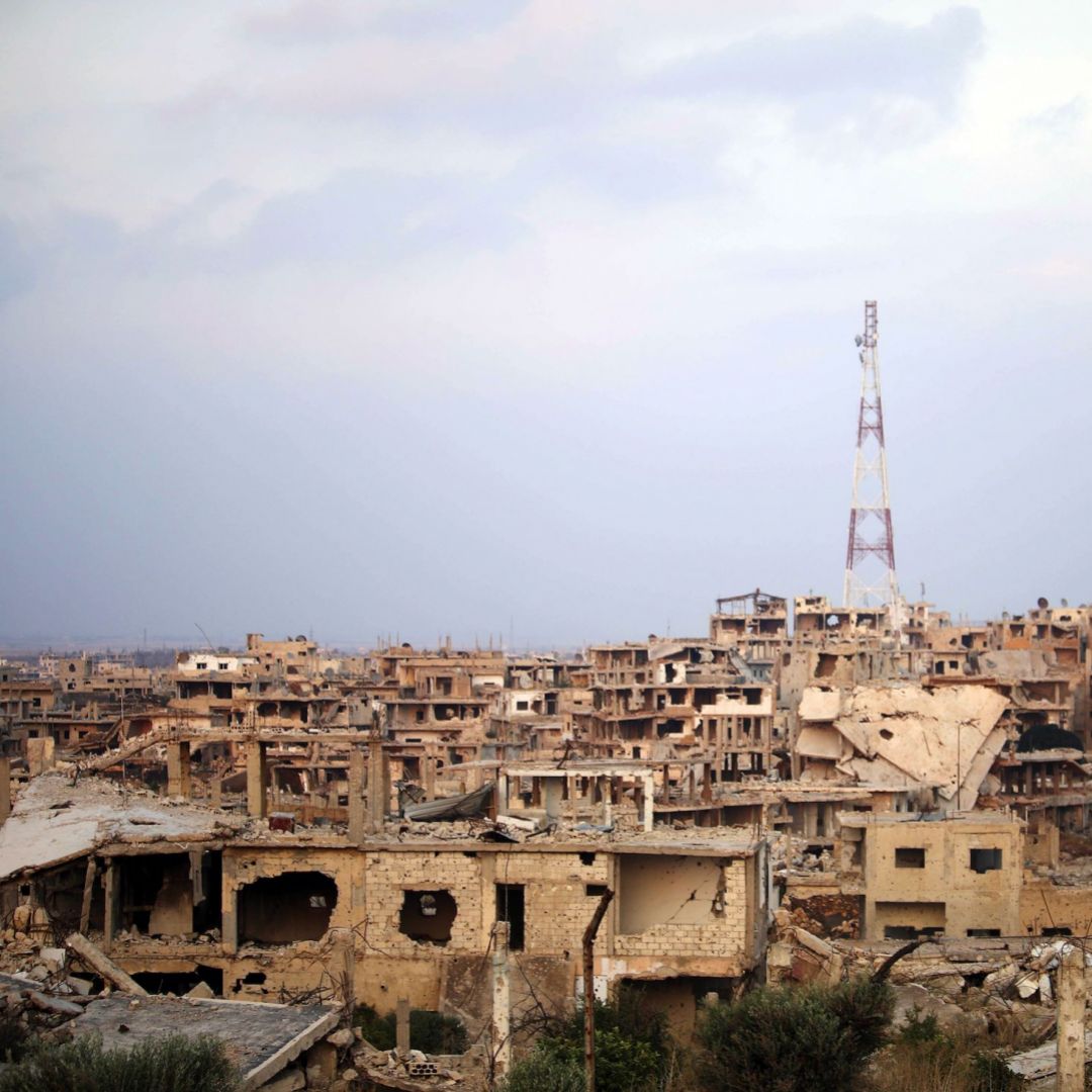 A picture taken on Aug. 2, 2018, shows destroyed buildings in the southern Syrian city of Daraa. 