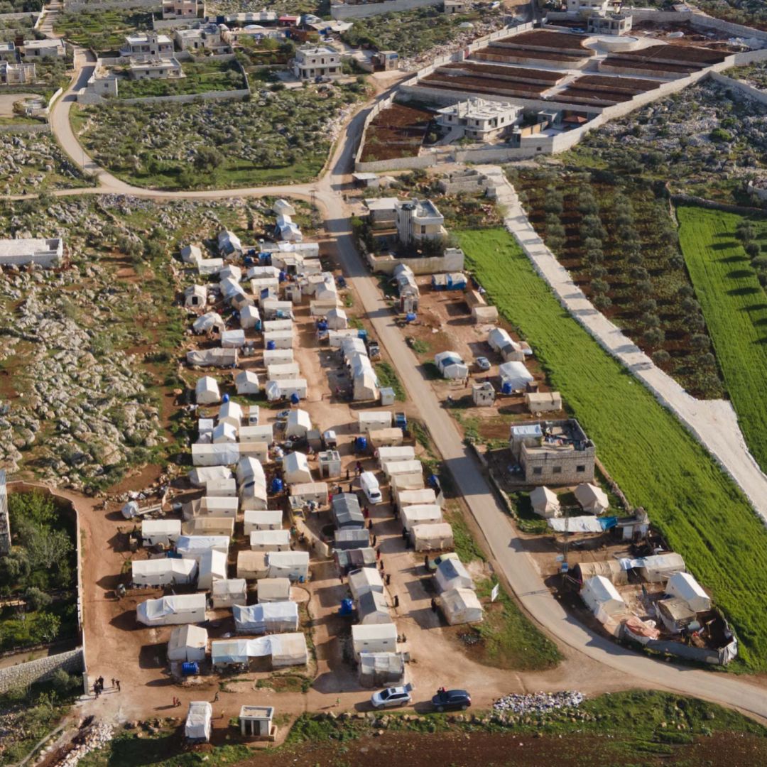 An ariel view shows a camp in Idlib for people displaced by Syria's ongoing civil war on April 13, 2021. 