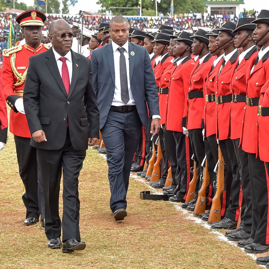 Tanzanian President John Magufuli reviews an honor guard on Dec. 9, 2017, as he attends a ceremony marking the 56th anniversary of his country’s independence.