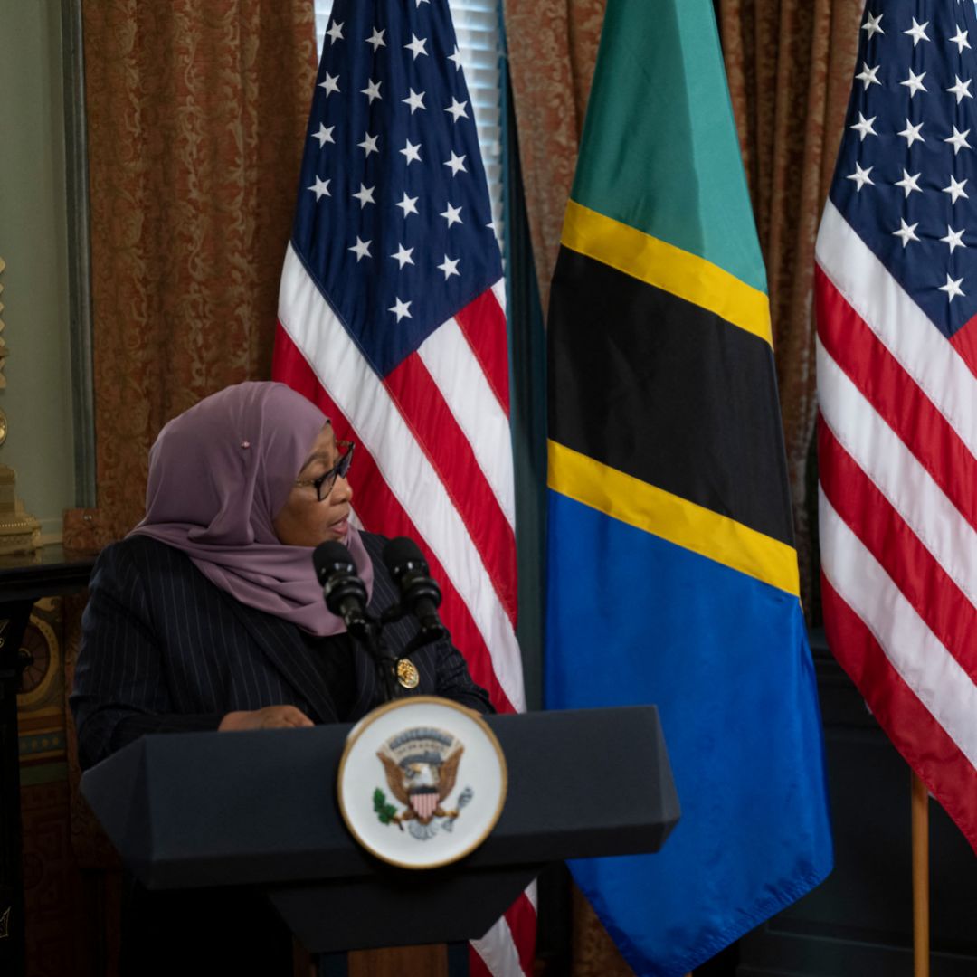 U.S. Vice President Kamala Harris listens to Tanzania's President Samia Suluhu Hassan make a statement to the press before a meeting in the Eisenhower Executive Office Building on April 15, in Washington, D.C.