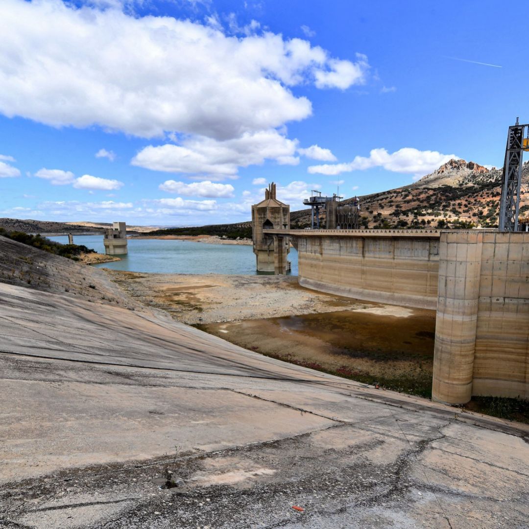 Low water levels are seen at the Sidi Salem Dam, Tunisia's largest embankment dam, on April 6, 2023. 