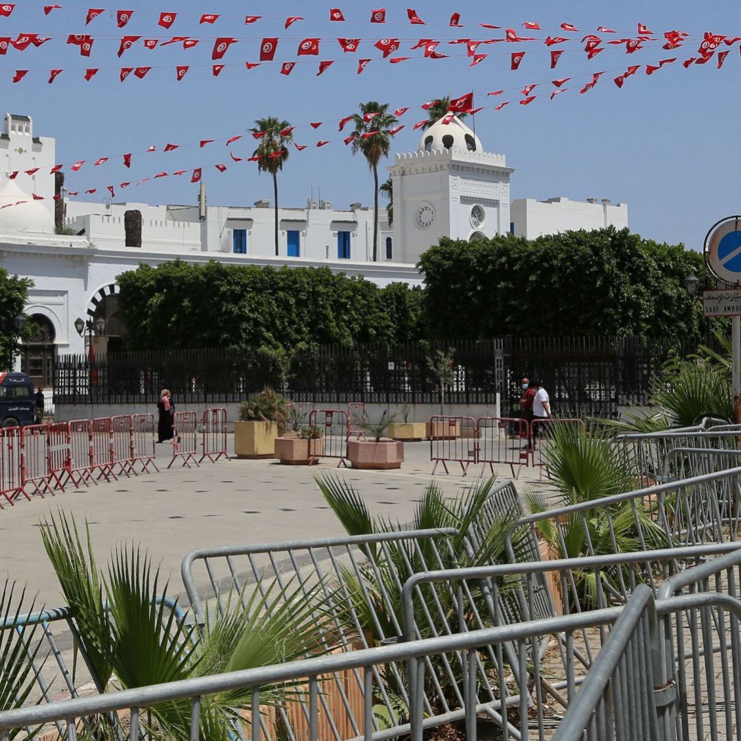 Tunisia’s government headquarters in Tunis is seen barricaded on July 26, 2021.