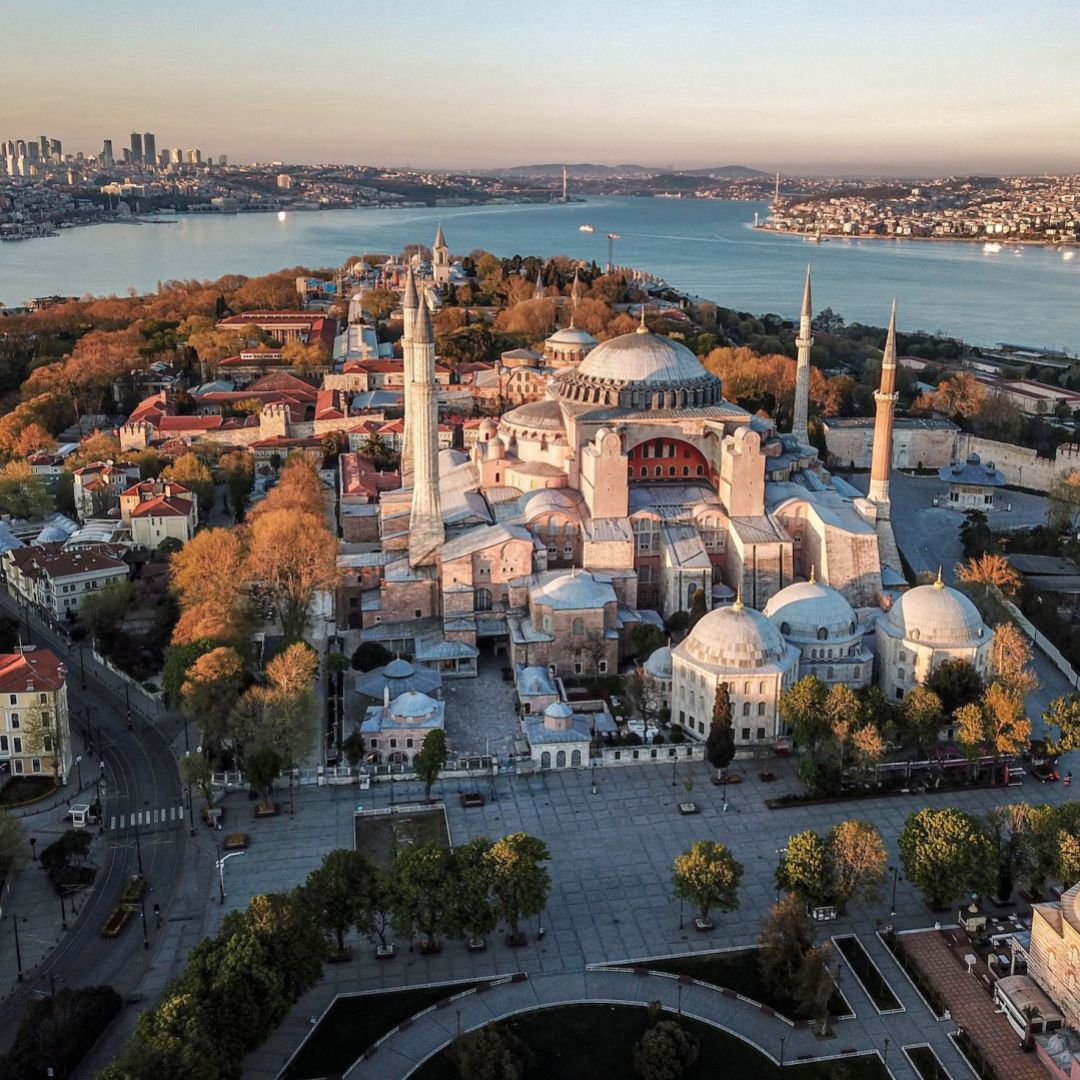 This aerial picture taken on April 25, 2020, shows the Hagia Sophia museum in Istanbul, Turkey. 