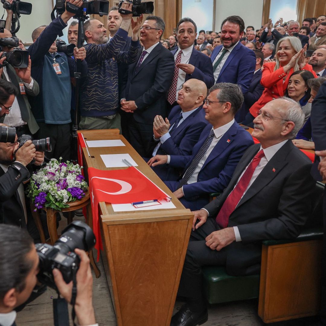 CHP Chairman Kemal Kilicdaroglu (R) on March 7 in Ankara. Turkey's Nation Alliance decided March 6 to name Kilicdaroglu to stand as its joint presidential candidate May 14. CHP Chairman Kemal Kilicdaroglu (R) on March 7 in Ankara.