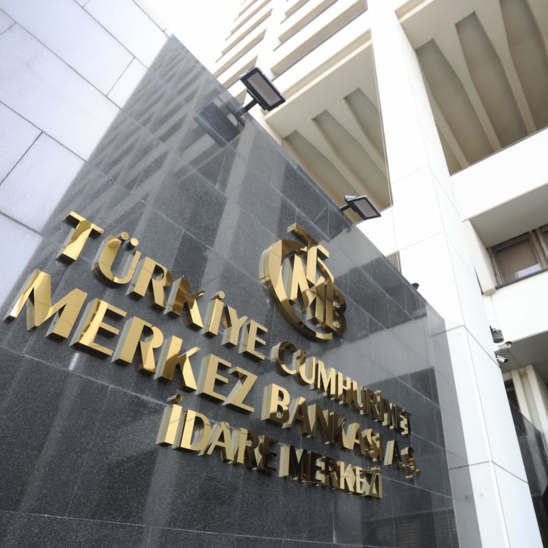 The entrance to the building that houses Turkey's central bank is seen on July 28, 2023, in Ankara, Turkey. The entrance to the building that houses Turkey's central bank is seen on July 28, 2023, in Ankara, Turkey.