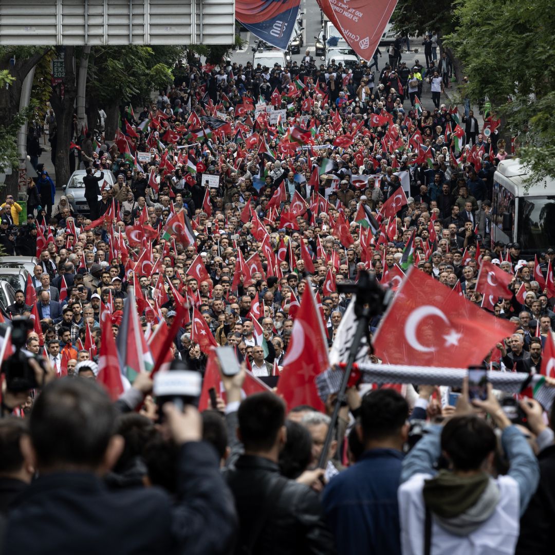 Funeral prayers in absentia are held for those who lost their lives in the deadly blast at a Gaza hospital on October 18, 2023, in Ankara, Turkey. 