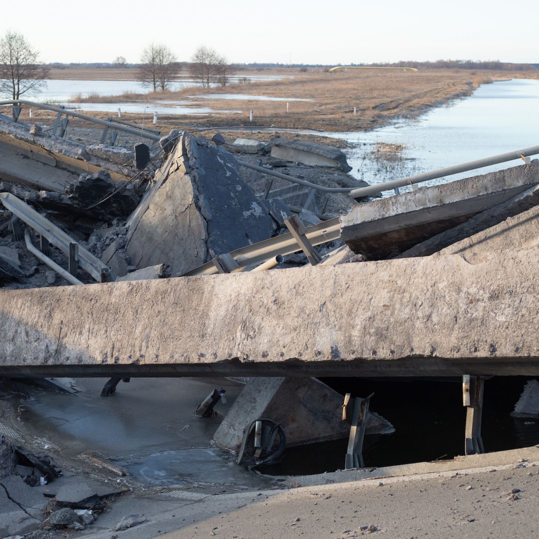 A general view of a destroyed bridge on March 11, 2022 in Borshchiv, Ukraine. Russia continues its assault on Ukraine's major cities, including the capital Kyiv, after launching a large-scale invasion of the country on Feb. 24.