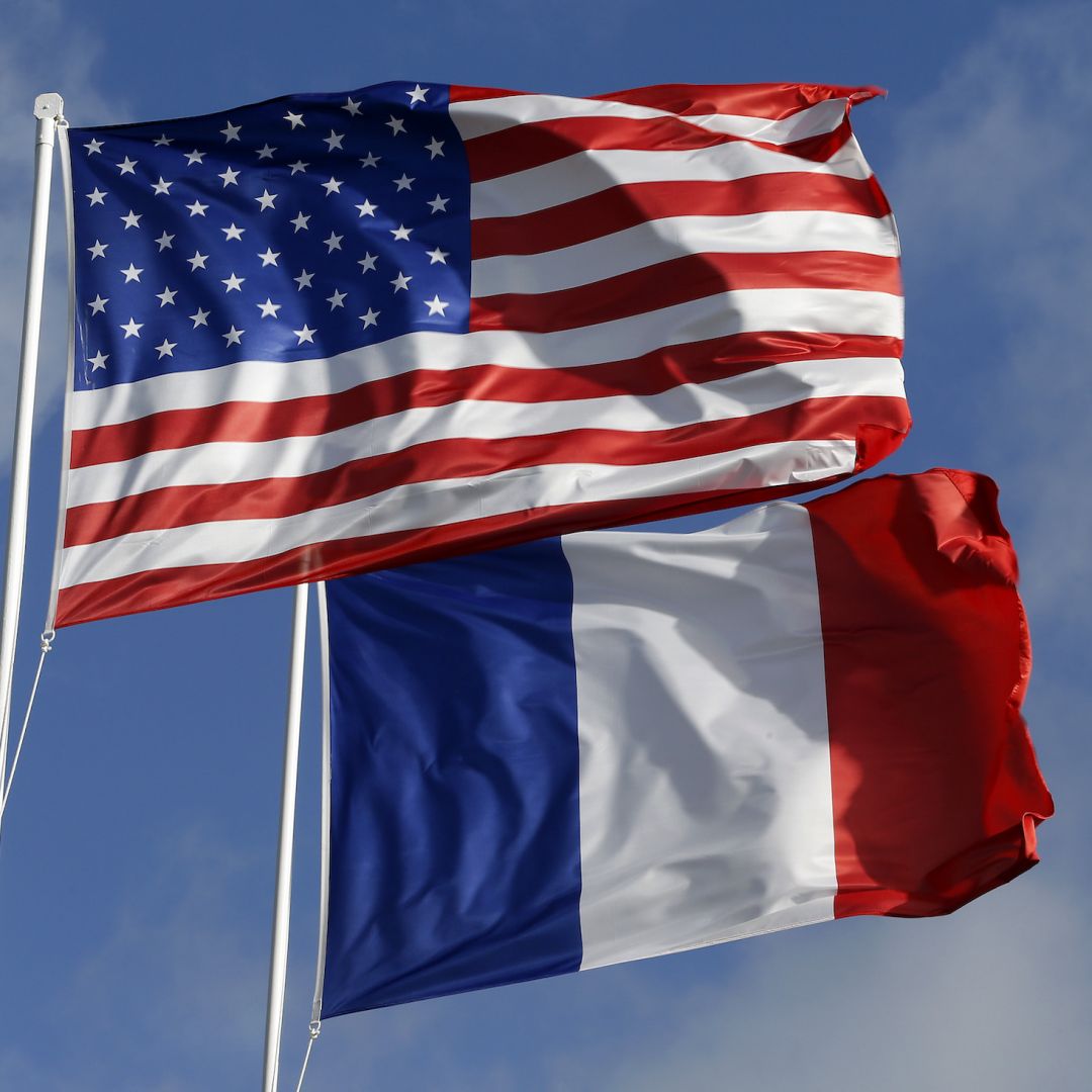 The Flags of France and the United States on June 6, 2017, at Utah Beach, France. U.S. President Joe Biden will meet his French counterpart, Emmanuel Macron, on Dec. 1, 2022, at the White House. The Flags of France and the United States on June 6, 2017, at Utah Beach, France.