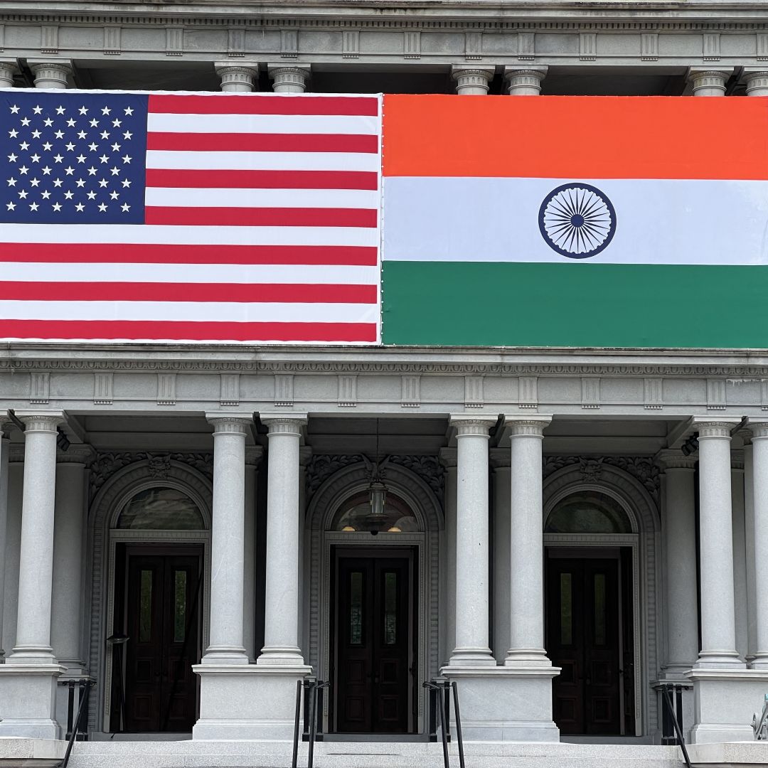 The U.S. and Indian flags adorn the Eisenhower Executive Office Building of the White House in Washington, D.C., on June 20, 2023. The U.S. and Indian flags adorn the Eisenhower Executive Office Building of the White House in Washington, D.C., on June 20, 2023.