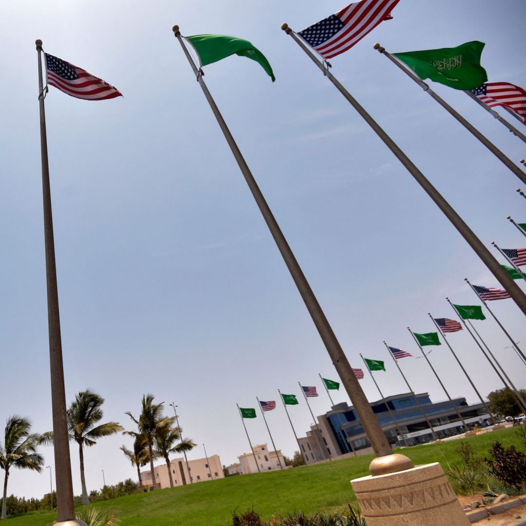 Saudi and U.S. flags line the King Abdulaziz Road in the Saudi Red Sea port city of Jeddah on July 14, 2022. Saudi and U.S. flags line the King Abdulaziz Road in the Saudi Red Sea port city of Jeddah on July 14, 2022.