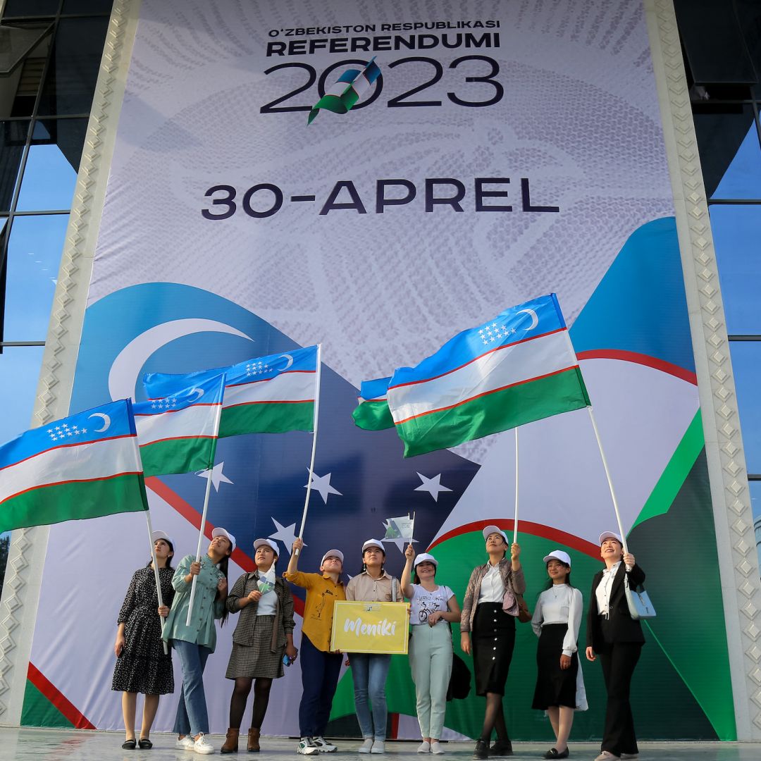 People attend a rally in support of Uzbekistan's constitutional referendum on March 28, 2023, in the city of Jizzakh, located roughly 250 kilometers (155 miles) south of the capital Tashkent.