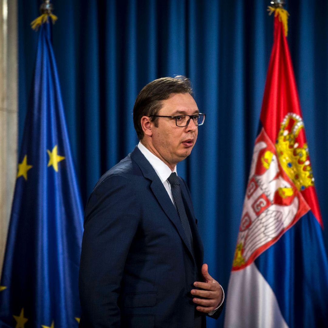 Aleksandar Vucic, Serbia's president, prepares for a press conference June 15, 2017.