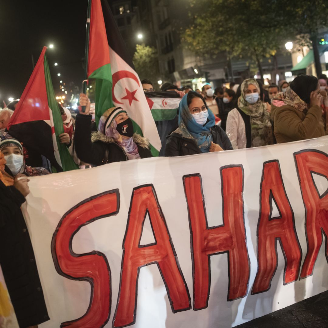 Women carrying Saharan flags take part in a demonstration in San Sebastian, Spain, to demand the end of Morocco's occupation in Western Sahara on Nov. 16, 2020. 