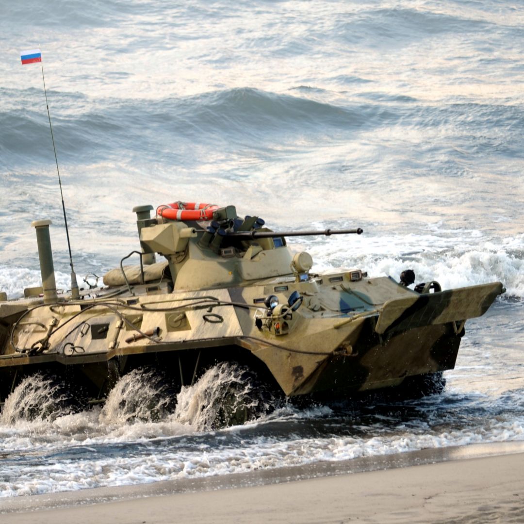 A Russian-built BTR-82A amphibious armored personnel carrier lands on the shore during 2013 joint military exercises with Belarus in the Russia's Kaliningrad enclave.