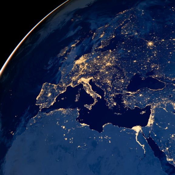 A NASA satellite image shows the city lights of Europe. A NASA satellite image shows the city lights of Europe.
