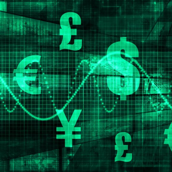 The symbols of various currencies are superimposed over a green background.