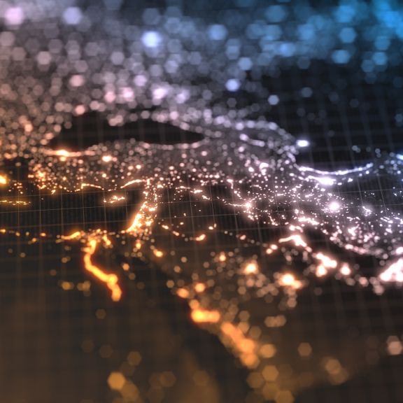 A dark earth map of the Middle East with glowing details of cities and human population density areas.