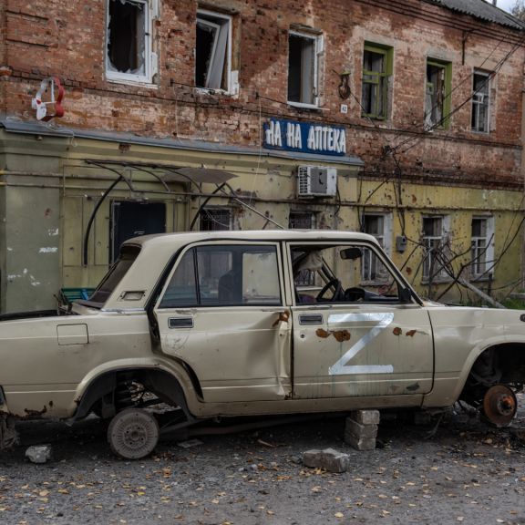 A car displaying the Russian "Z" military symbol is pictured on Oct. 13, 2022, in Kupiansk, Kharkiv region, Ukraine.