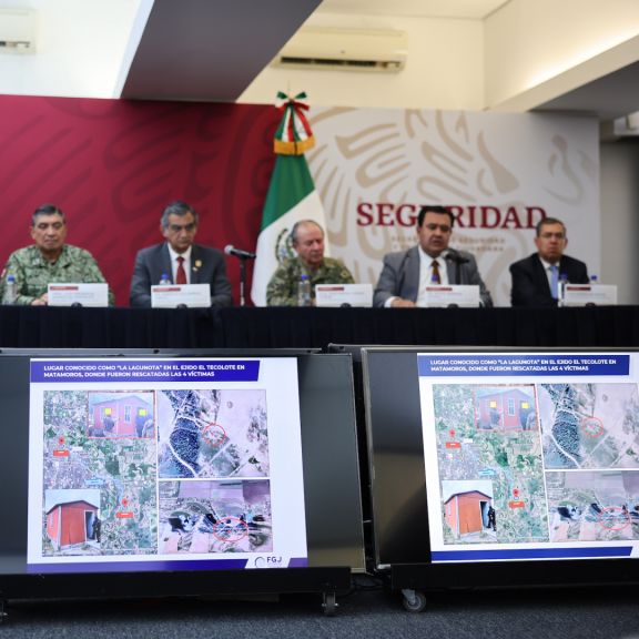 Images of the place where four U.S. citizens were found after being kidnapped in Matamoros, Mexico, are shown on screens during a press conference in Mexico City on March 7, 2023. Images of the place where four U.S. citizens were found after being kidnapped in Matamoros, Mexico, are shown on screens during a press conference in Mexico City on March 7, 2023.