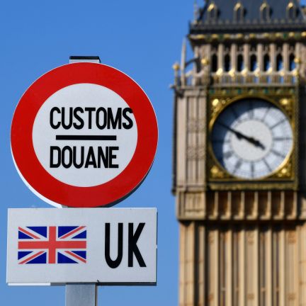 A model of a customs road sign is seen at the mock U.K.-EU border, with a mock Big Ben in the background, at the Mini-Europe theme park in Brussels, Belgium, on May 20, 2020. A model of a customs road sign is seen at the mock U.K.-EU border, with a mock Big Ben in the background, at the Mini-Europe theme park in Brussels, Belgium, on May 20, 2020.
