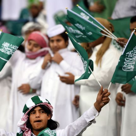 Fans of the Saudi national football team cheer during a match against Qatar at the King Fahad International Stadium in Riyadh, Saudi Arabia, on Nov. 26, 2014. Fans of the Saudi national football team cheer during a match against Qatar at the King Fahad International Stadium in Riyadh, Saudi Arabia, on Nov. 26, 2014.