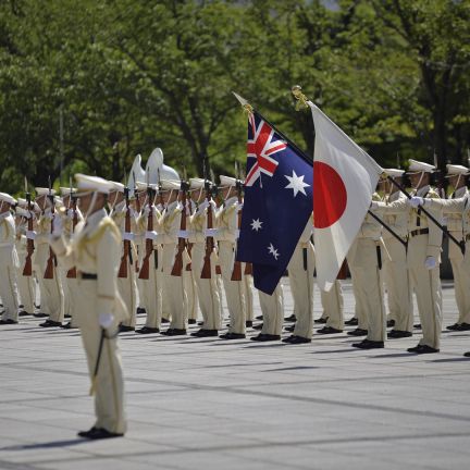 A Japanese honor guard participates in a welcome ceremony for the Australian defense minister during a visit in 2016. Japanese-Australian security cooperation has increased over the past couple of years. A Japanese honor guard welcomes the Australian defense minister during a visit in August 2016.