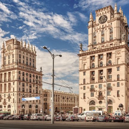 Belarus finds itself stuck between Russia and the West. The Gates of Minsk, an architectural complex at the station square in Belarus' capital, is seen in this photo from July 21, 2017.