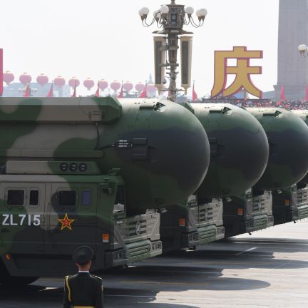 Nuclear-capable ballistic missiles are displayed during a military parade at Tiananmen Square in Beijing, China, on Oct. 1, 2019. Nuclear-capable ballistic missiles are displayed during a military parade at Tiananmen Square in Beijing, China, on Oct. 1, 2019.