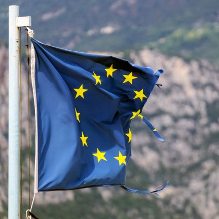 A damaged EU flag is seen in Brenzone, Italy, on Aug. 14, 2019. A damaged EU flag is seen in Brenzone, Italy, on Aug. 14, 2019.