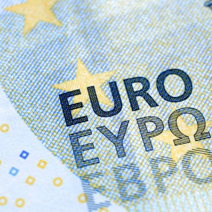 A close-up of a five-euro banknote. A close-up of a five-euro banknote.