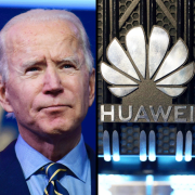 An image of the COVID-19 vaccine, President-elect Joe Biden, the Huawei logo, and a stock market sign