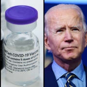 A compilation of four photos (from left to right) shows a COVID-19 vaccine, U.S. President Joe Biden, the logo of the Chinese telecommunications company Huawei, and a stock market sign. 