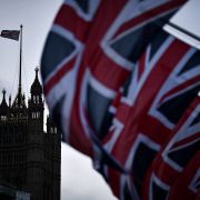 British flags in parliament square on Feb. 1, 2020, in London. British flags in parliament square on Feb. 1, 2020, in London.