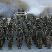 A photo taken on Jan. 4, 2021, shows Chinese soldiers assembling during military training in China's Xinjiang region. A photo taken on Jan. 4, 2021, shows Chinese soldiers assembling during military training in China's Xinjiang region.