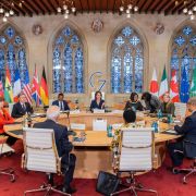 Officials from Germany, Ghana, Canada, Japan, the United Kingdom, the African Union, the European Union, France, the United States and Kenya participate in a working session at a G-7 Foreign Ministers Meeting in Muenster, western Germany, on Nov. 4, 2022. 