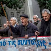 Pensioners march in central Athens on Dec. 15, 2018, during a demonstration to demand the return of pension funds lost as part of austerity measures. 