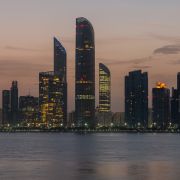 A photo taken in April 2018 shows the Abu Dhabi skyline at sunrise. A photo taken in April 2018 shows the Abu Dhabi skyline at sunrise.