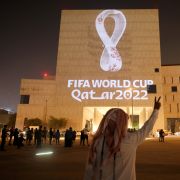 The emblem for the 2022 World Cup games is displayed on a museum building in Doha, Qatar, on Sept. 3, 2019.