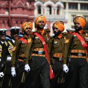 Members of India’s armed forces march in a military parade in Moscow's historic Red Square on June 24, 2020, to commemorate the 75th anniversary of the Soviet Union’s victory in World War II. 