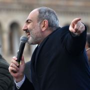 Armenian Prime Minister Nikol Pashinyan addresses his supporters gathered on Republic Square in downtown Yerevan, Armenia, on Feb. 25, 2021. Pashinyan called on the army to fulfill its duty and obey the people after the military called for him to resign. 