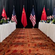 U.S. and Chinese officials face each other during talks in Anchorage, Alaska, on March 18, 2021.