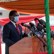 Newly elected Zambian President Hakainde Hichilema delivers a speech during his inauguration at the Heroes Stadium in Lusaka on Aug. 24, 2021. 